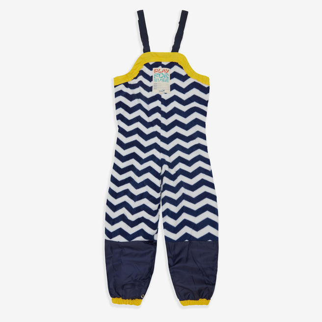 Puddleflex Waterproof Fleece Lined Dungarees Yellow with blue and white zigzags, yellow trim and navy waterproof lower legs.